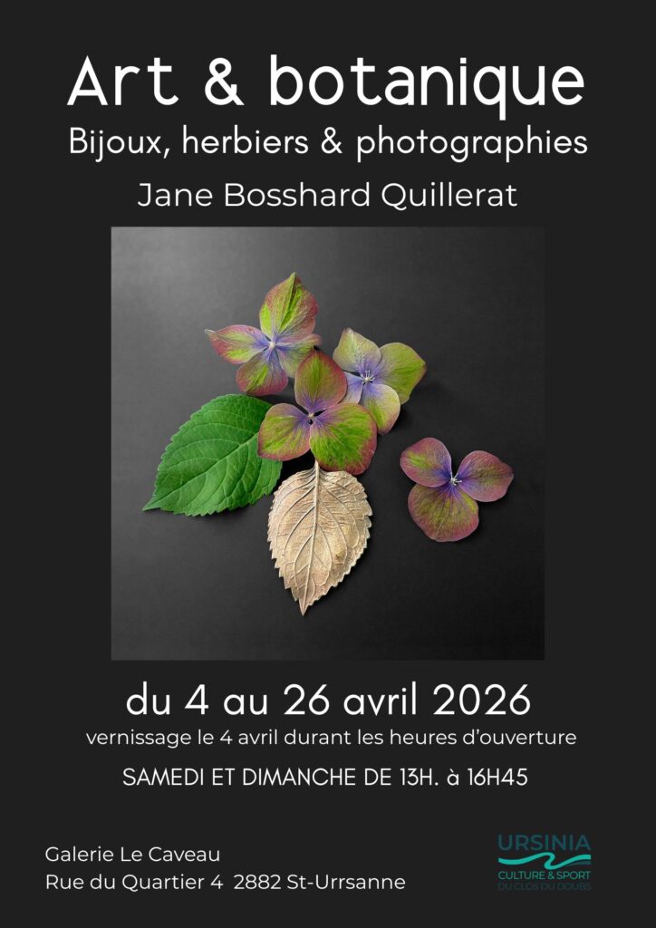 Affiche d'exposition et coupures de presse présentant les créations botaniques et artistiques de l'atelier Herbarium.