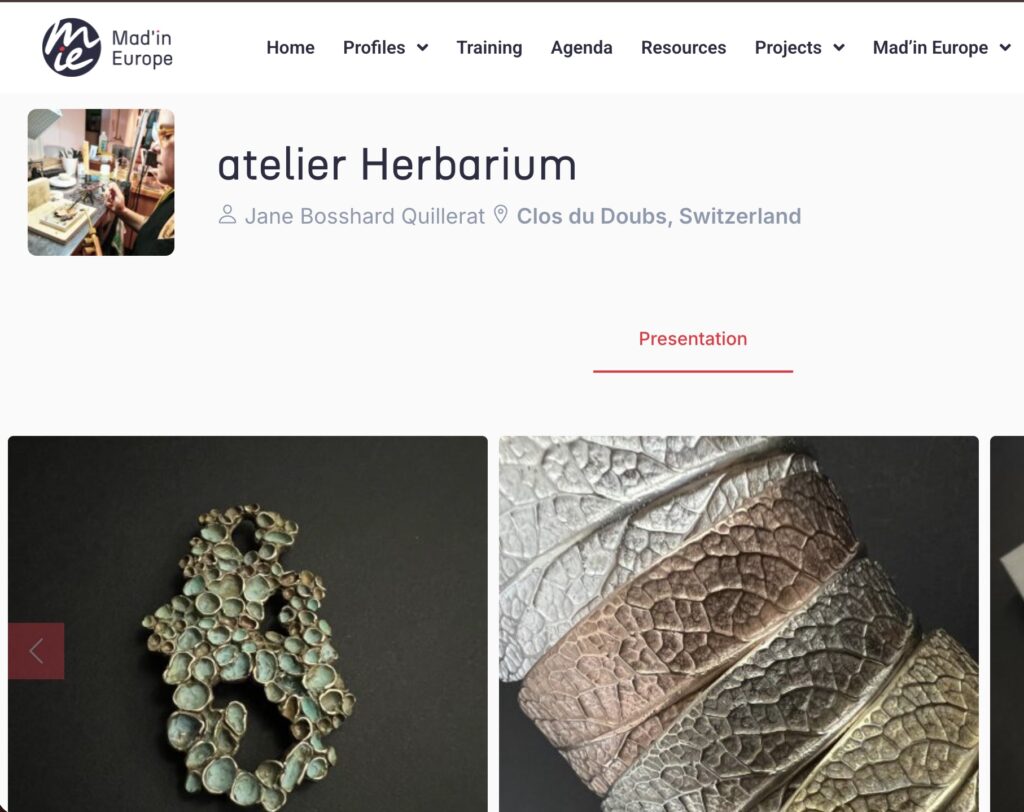 Capture d'écran du profil officiel de l'Atelier Herbarium sur la plateforme européenne Mad'in Europe.