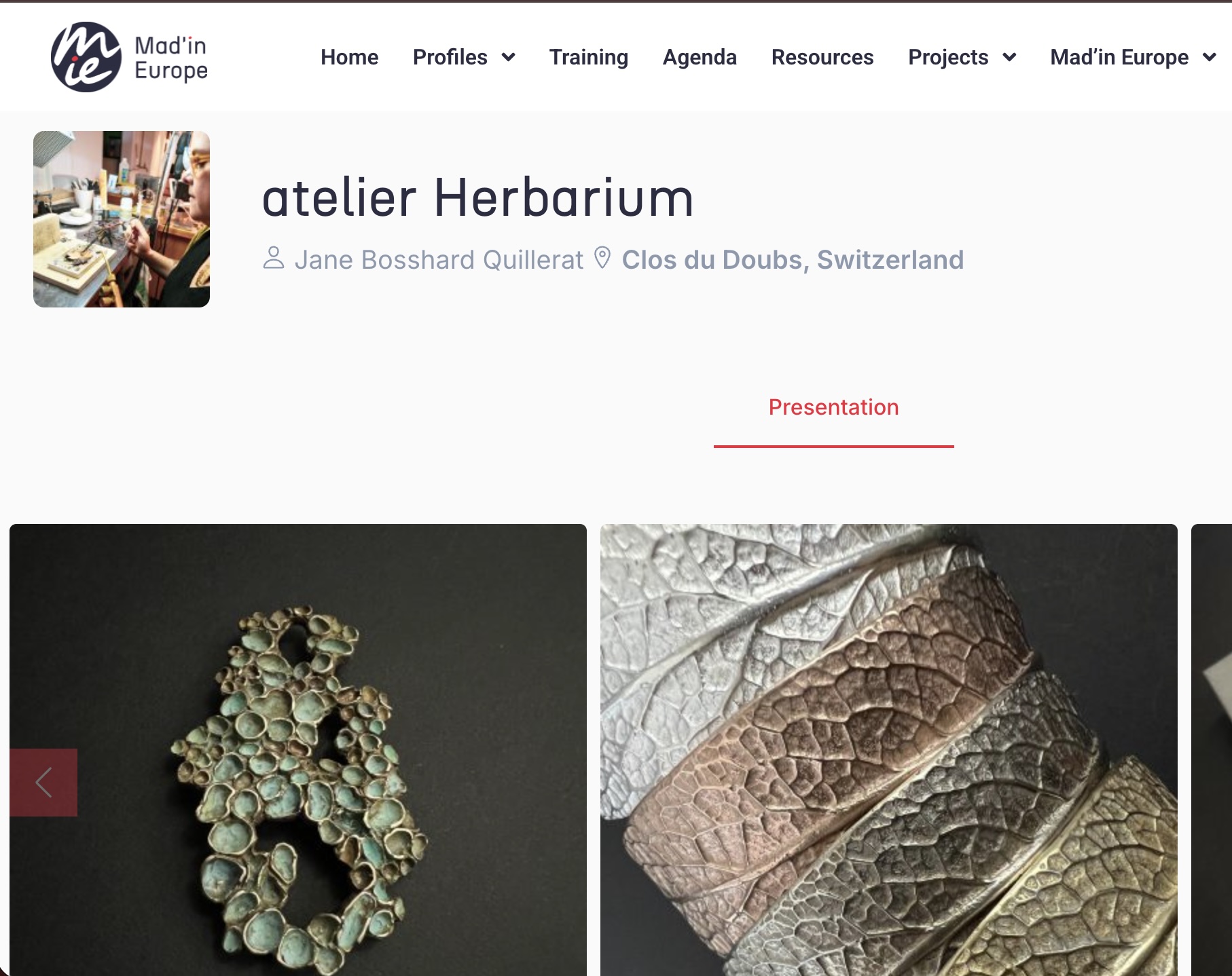 Capture d'écran du profil officiel de l'Atelier Herbarium sur la plateforme européenne Mad'in Europe.