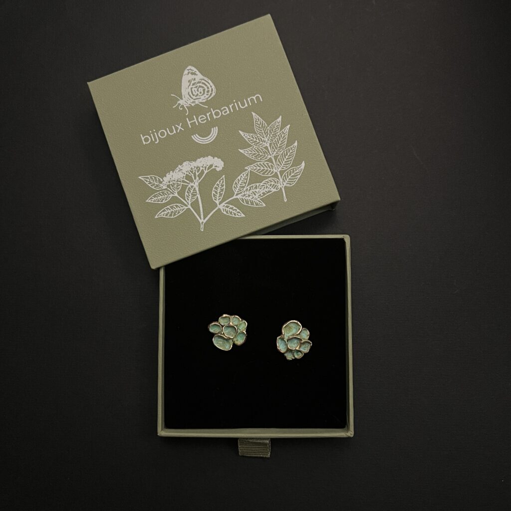 Boucles d’oreilles artisanales en bronze d’art patiné vert-de-gris et tiges en argent 925, présentées dans leur boîte cadeau verte de la marque helvétique Bijoux Herbarium.